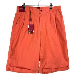 George Martin Shorts‎ W34 Orange Pleated Cuffed Cotton Preppy Coastal Summer NWT